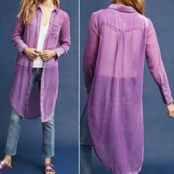 Anthropologie Akemi Kin Purple Sheer Longline Button Front‎ Top Size Medium Boho - Picture 2 of 14